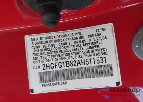 2010 Honda Civic Ex z USA, uszkodzony, nr VIN 2HGFG1B82AH511531